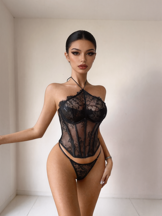 Noir Halter Corset Teddy