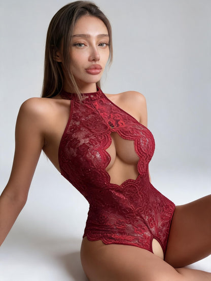 Burgundy Velvet & Lace Keyhole Bodysuit